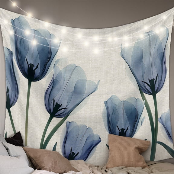 Spring Floral Small Tapestry for Bedroom Wall Hanging Tapestry, Blue Tulip Summer Botanical Rustic Ceiling Backdrop Tapestries Poster Blanket Wall Decor for Teens Room Living Room Dorm 23" x 28"