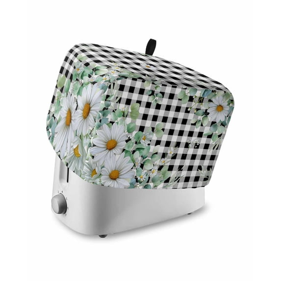 Spring Floral Small Toaster Cover 2 Slice, Kitchen Appliance Covers, Daisy Eucalyptus Leaves Black White Plaid Toaster Oven Cover with Loop, Bread Machine Cover Polyester Dust Cover Protection