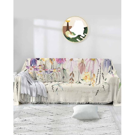 Spring Floral Sofa Covers for 3 Cushion,Washable Couch Cover for Sectional Sofa Slipcovers with Tassel,Vintage Eucalyptus Botanical Herb Summer Loveseat Covers Futon Cover Throw Blanket 71''x118''