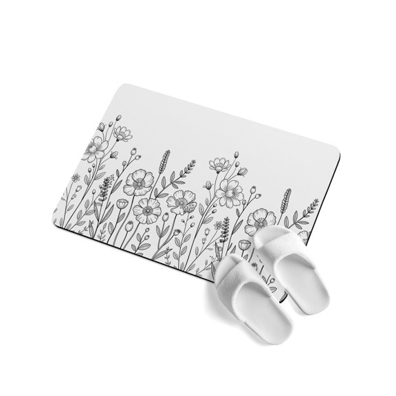 Spring Floral Soft Diatomaceous Earth Mat, Abstract Black White Line Flowers Farm Leaves Absorbent Bath Mat Non Slip Rubber Backed Quick Dry Doormat Fit Under Door for Bathroom Kitchen 24"x36"