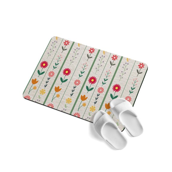 Spring Floral Soft Diatomaceous Earth Mat, Pastoral Simple Flower Leaves Stripes Texture Absorbent Bath Mat Non Slip Rubber Backed Quick Dry Doormat Fit Under Door for Bathroom Kitchen 24"x36"