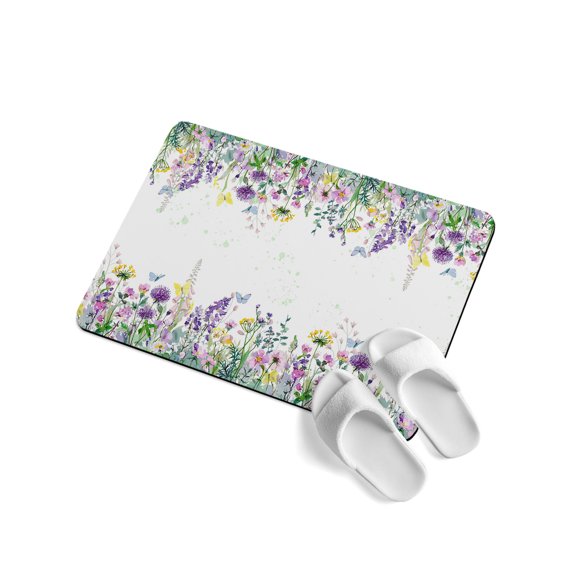 Spring Floral Soft Diatomaceous Earth Mat, Purple Yellow Flower Butterflies Daisy Plant Absorbent Bath Mat Non Slip Rubber Backed Quick Dry Doormat Fit Under Door for Bathroom Kitchen 24"x36"