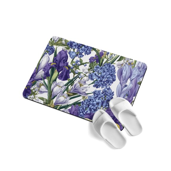 Spring Floral Soft Diatomaceous Earth Mat, Retro Blue Hydrangea Purple White Floral Green Leaf Absorbent Bath Mat Non Slip Rubber Backed Quick Dry Doormat Fit Under Door for Bathroom Kitchen 16"x24"