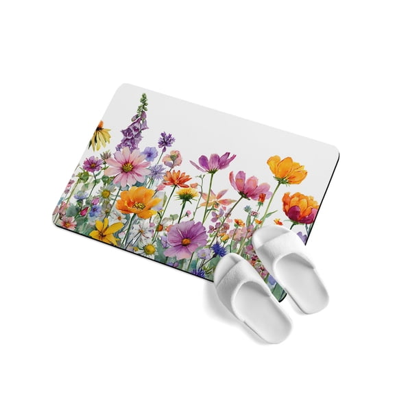 Spring Floral Soft Diatomaceous Earth Mat, Romantic Colorful Flower Watercolor Country Leaf Absorbent Bath Mat Non Slip Rubber Backed Quick Dry Doormat Fit Under Door for Bathroom Kitchen 24"x36"