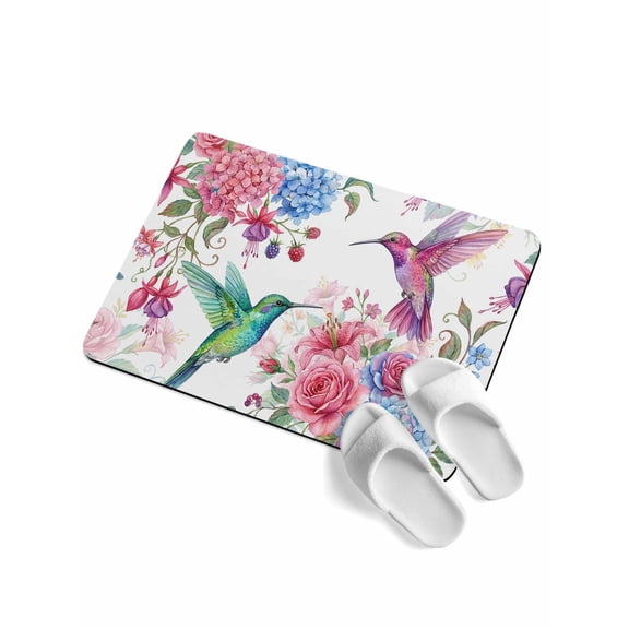 Spring Floral Soft Diatomaceous Earth Mat, Watercolor Flowers Romantic Pair Hummingbirds Absorbent Bath Mat Non Slip Rubber Backed Quick Dry Doormat Fit Under Door for Bathroom Kitchen 24"x36"