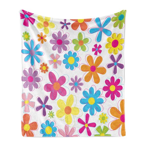 Spring Floral Soft Flannel Fleece Blanket, Retro Colorful Hippie Themed Pattern with Flowers in Various Colors, Cozy Plush for Indoor and Outdoor Use, 50" x 60", White and Multicolor, by Ambesonne