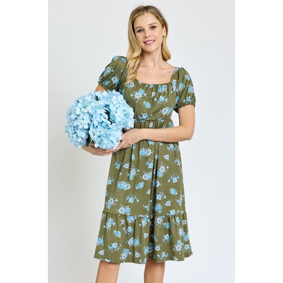 Spring Floral Square Neck Ruffle Hem Midi Dress | S-3X