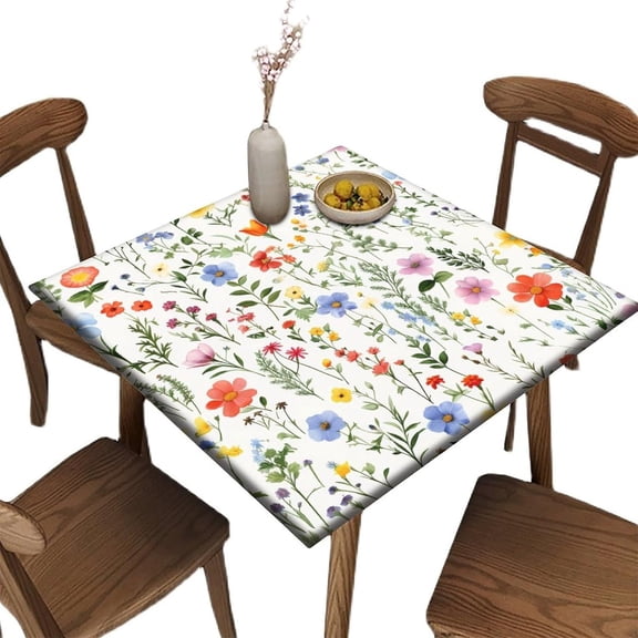 Spring Floral Square Tablecloth, Waterproof Fitted Table Cloth for Outdoor Picnic Indoor, Colorful Wildflowers Pattern Wipeable Elastic Fabric Table Cover, Fits Tables up to 36" Square