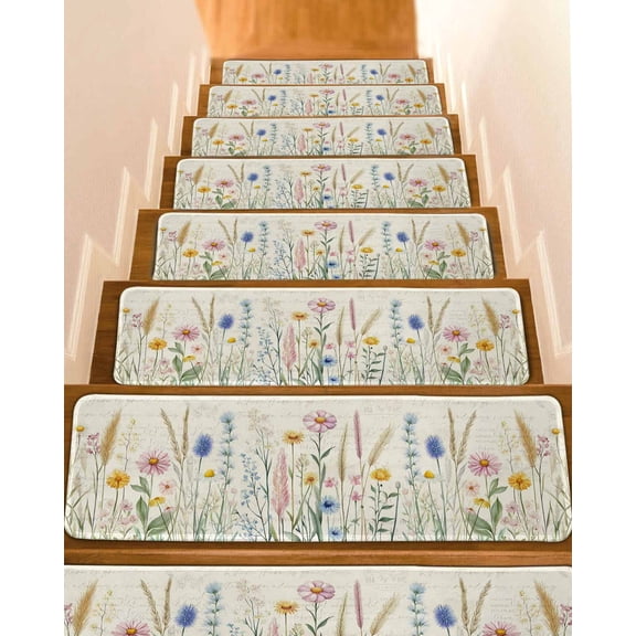Spring Floral Stair Treads Non Slip Indoor for Wooden Steps, Summer Farmhouse Vintage Botanical 10 Pcs Stair Mats for Elders Dogs, 8 x 30 Inch Carpet Treads Runner Rugs for Staircase