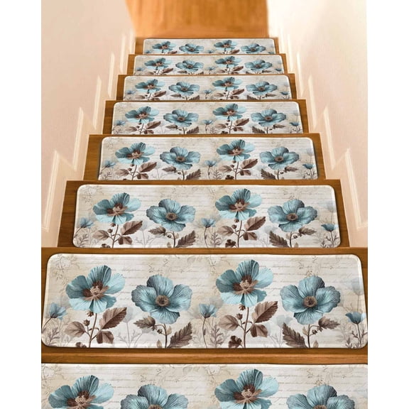 Spring Floral Stair Treads Non Slip Runners Rugs, 4 Pcs Carpet for Stairs with Adhesive, Teal Tulip Vintage Botanical Summer Stair Mats Pads Indoor Stair Treads for Wooden Steps 8"x30"