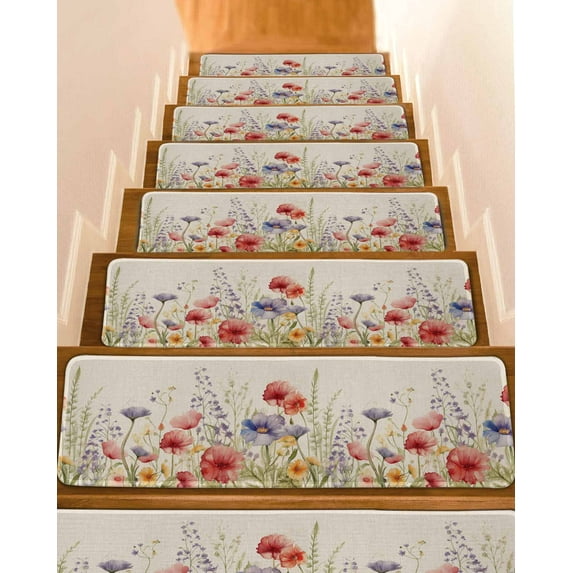 Spring Floral Stair Treads for Wooden Steps Indoor Runner Rug Carpet, Colorful Summer Botanical Flowers Vintage 10 Pieces Peel and Stick Staircase Step Treads Covers Washable Throw Door Mats, 30"x8"