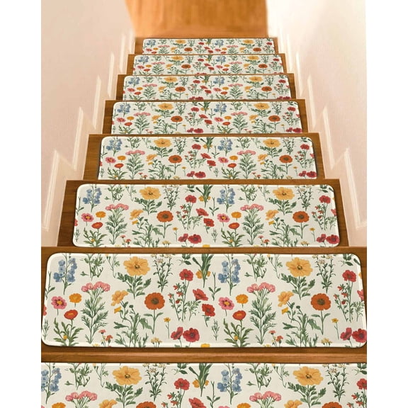 Spring Floral Stair Treads for Wooden Steps Indoor Runner Rug Carpet, Country Summer Botanical 4 Pieces Peel and Stick Staircase Step Treads Covers Washable Throw Door Mats, 30"x8"
