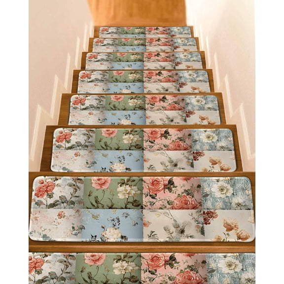 Spring Floral Stair Treads for Wooden Steps Indoor Runner Rug Carpet,Elegant Checkered Summer Botanical Farmhouse 4 Pieces Peel and Stick Staircase Step Treads Covers Washable Throw Door Mats,30"x8"