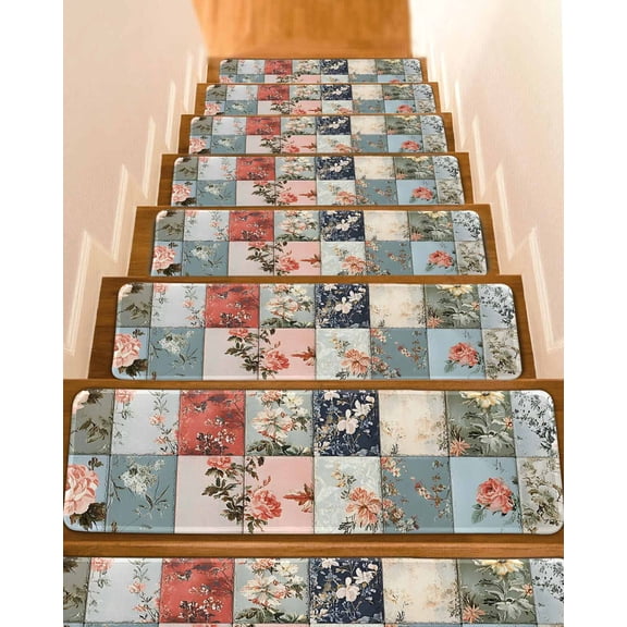 Spring Floral Stair Treads for Wooden Steps Indoor Runner Rug Carpet, Elegant Summer Botanical Farmhouse Plaid 4 Pieces Peel and Stick Staircase Step Treads Covers Washable Throw Door Mats, 30"x8"
