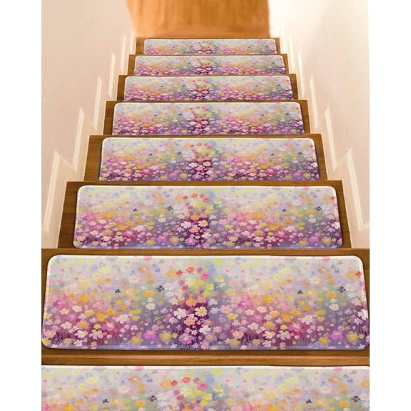 Spring Floral Stair Treads for Wooden Steps Indoor Runner Rug Carpet, Modern Oil Painted Daisy Botanical Elegant 15 Pieces Peel and Stick Staircase Step Treads Covers Washable Throw Door Mats, 30"x8"