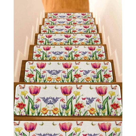 Spring Floral Stair Treads for Wooden Steps Indoor Runner Rug Carpet, Rustic Tulip Butterfly Botanical Summer 7 Pieces Peel and Stick Staircase Step Treads Covers Washable Throw Door Mats, 30"x8"
