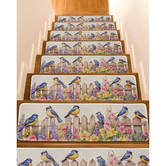 Spring Floral Stair Treads for Wooden Steps Indoor Runner Rug Carpet, Summer Birds Botanical Fence Rustic 4 Pieces Peel and Stick Staircase Step Treads Covers Washable Throw Door Mats, 30"x8"