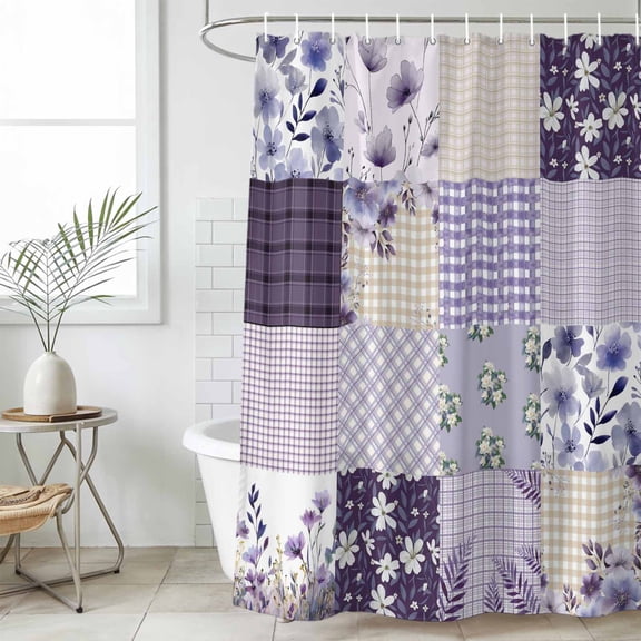 Spring Floral Standard Shower Curtain Set, Waterproof Shower Curtains for Bathroom, Dark Purple Flowers Patchwork Grid Bohemia Washable Fabric Bath Curtain for Bathtub with Hooks 72x72 Inches