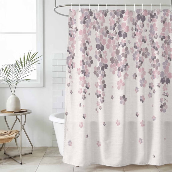 Spring Floral Standard Shower Curtain Set, Waterproof Shower Curtains for Bathroom, Pink Gray Cherry Blossom Flowers Beige Washable Fabric Cloth Bath Curtain for Bathtub with Hooks 72x72 Inches