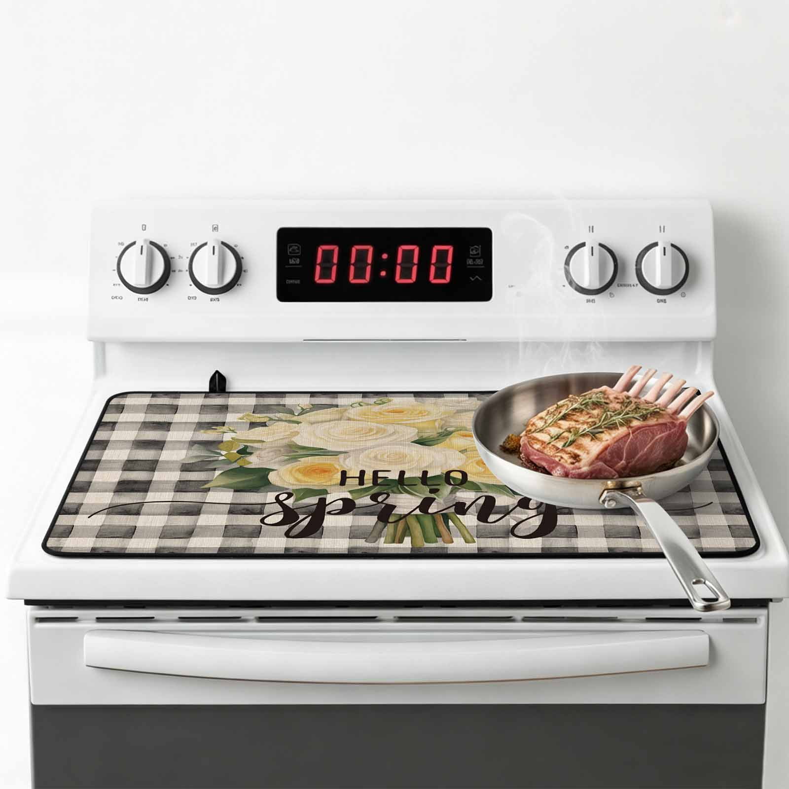 Spring Floral Stove Top Cover for Electric Stove, Heat-proof & Non Slip Glass Top Stove Cover Protector, Black White Plaid Summer Botanical Flowers Kitchen Flat Cooktop Rubber Mat 24x21 Inches