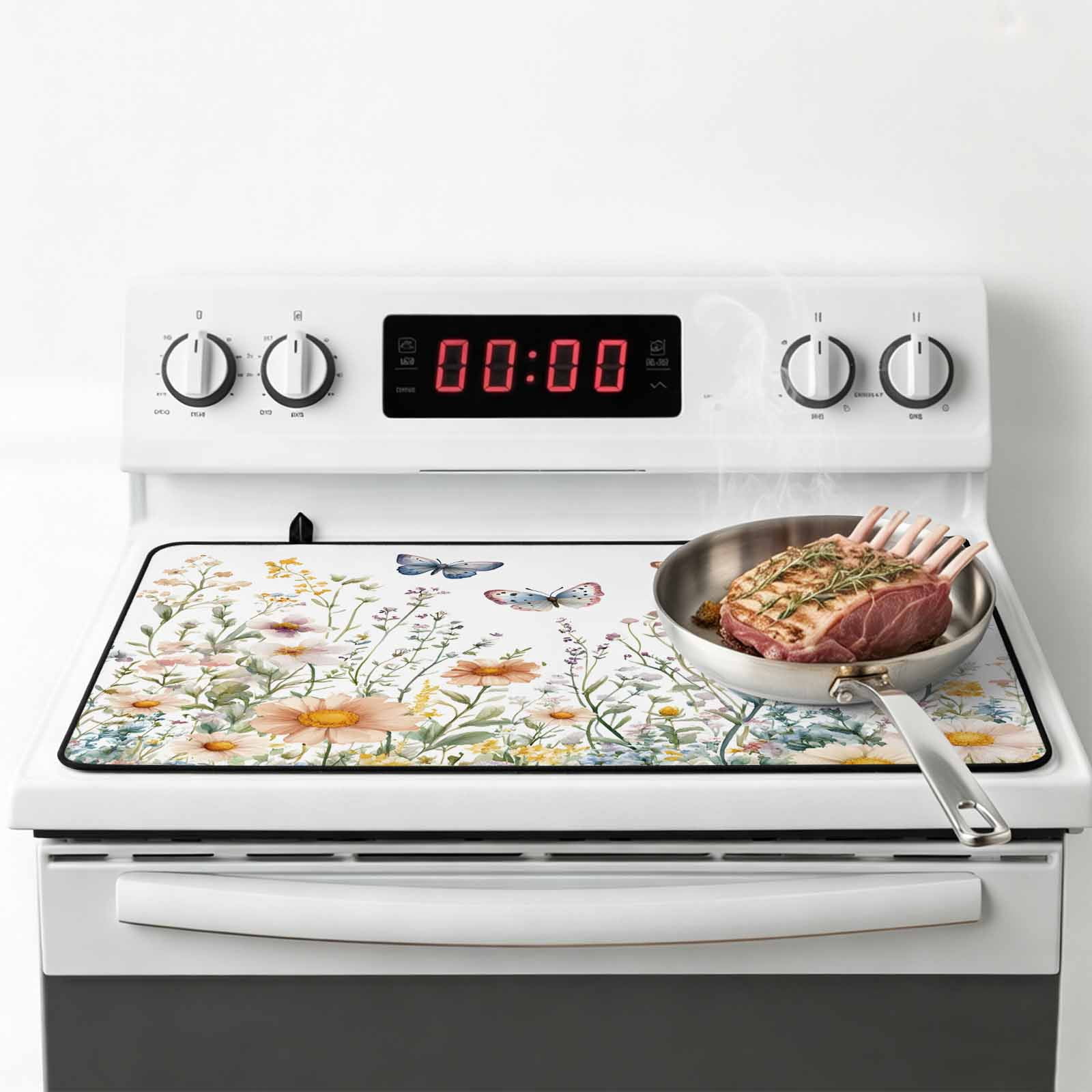 Spring Floral Stove Top Cover for Electric Stove, Heat-proof & Non Slip Glass Top Stove Cover Protector, Butterfly Summer Botanical Watercolor Flowers Kitchen Flat Cooktop Rubber Mat 24x21 Inches