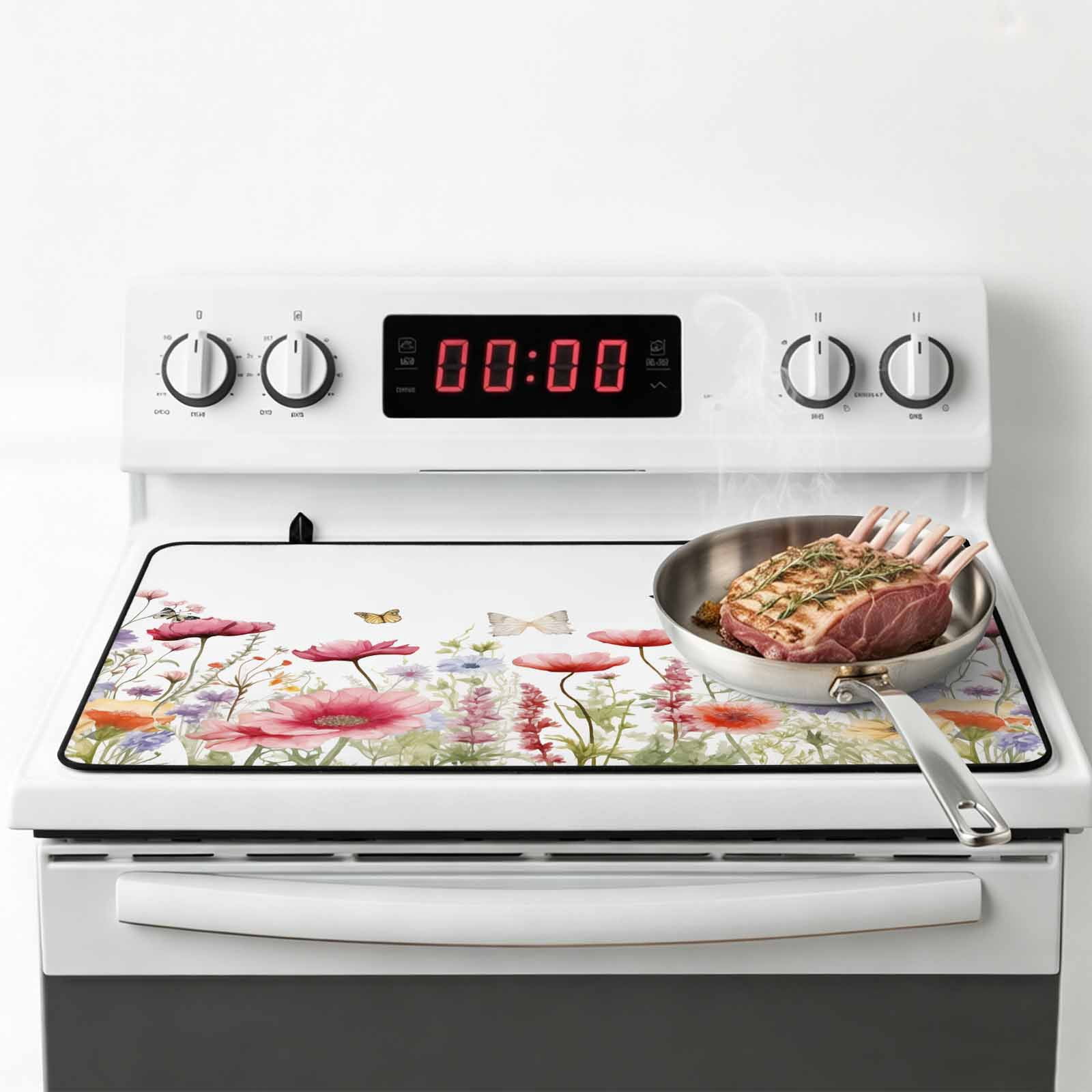 Spring Floral Stove Top Cover for Electric Stove, Heat-proof & Non Slip Glass Top Stove Cover Protector, Coloful Summer Botanical Flowers Butterfly Kitchen Flat Cooktop Rubber Mat 24x21 Inches