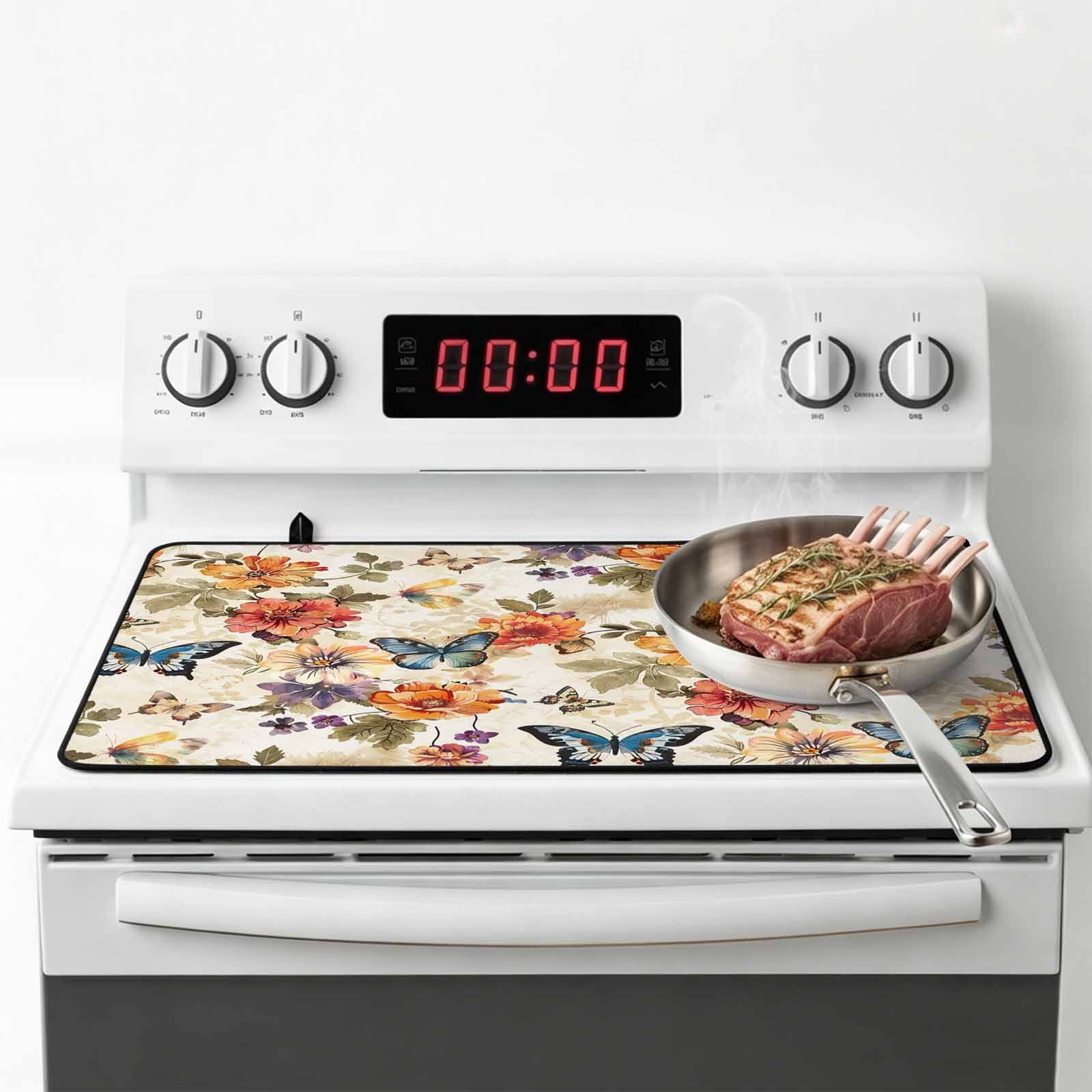 Spring Floral Stove Top Cover for Electric Stove, Heat-proof & Non Slip Glass Top Stove Cover Protector, Colorful Vintage Botanical Butterfly Kitchen Flat Cooktop Rubber Mat 24x21 Inches