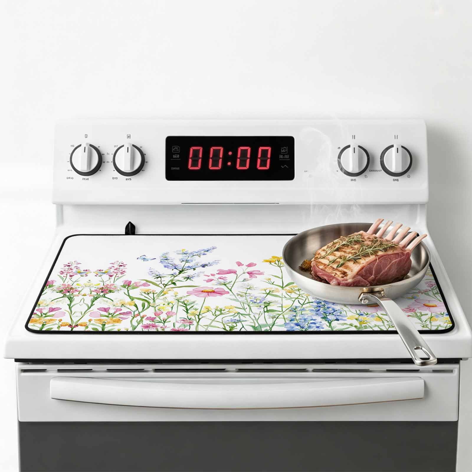 Spring Floral Stove Top Cover for Electric Stove, Heat-proof & Non Slip Glass Top Stove Cover Protector, Colorful Watercolor Botanical Summer Kitchen Flat Cooktop Rubber Mat 24x21 Inches