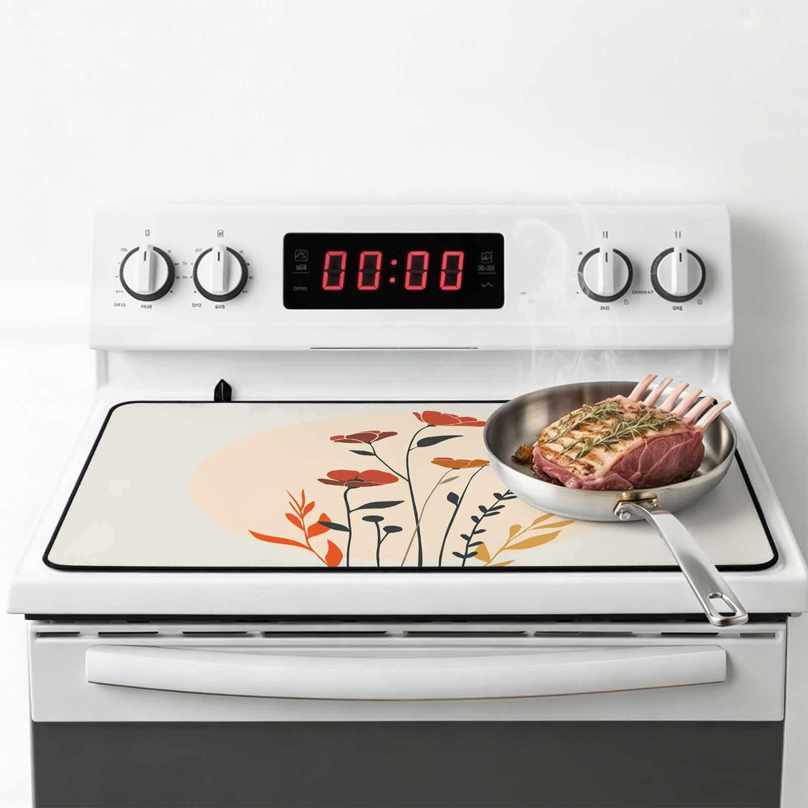 Spring Floral Stove Top Cover for Electric Stove, Heat-proof & Non Slip Glass Top Stove Cover Protector, Middle Century Summer Botanical Boho Kitchen Flat Cooktop Rubber Mat 24x21 Inches