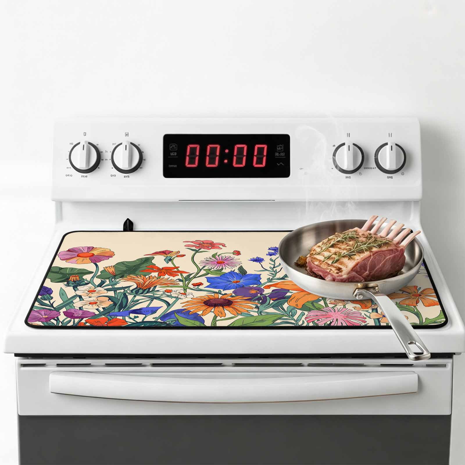 Spring Floral Stove Top Cover for Electric Stove, Heat-proof & Non Slip Glass Top Stove Cover Protector, Purple Yellow Flower Farmhouse Kitchen Flat Cooktop Rubber Mat 24x21 Inches
