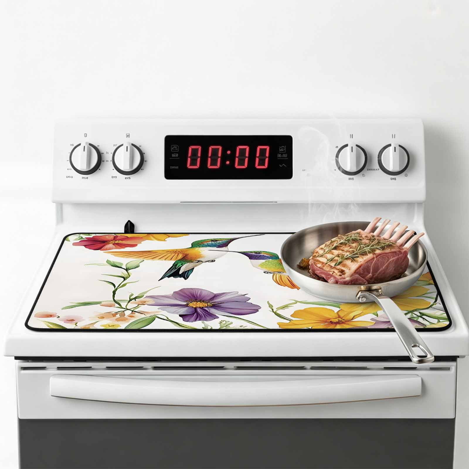 Spring Floral Stove Top Cover for Electric Stove, Heat-proof & Non Slip Glass Top Stove Cover Protector, Summer Botanical Birds Colorful Kitchen Flat Cooktop Rubber Mat 24x21 Inches