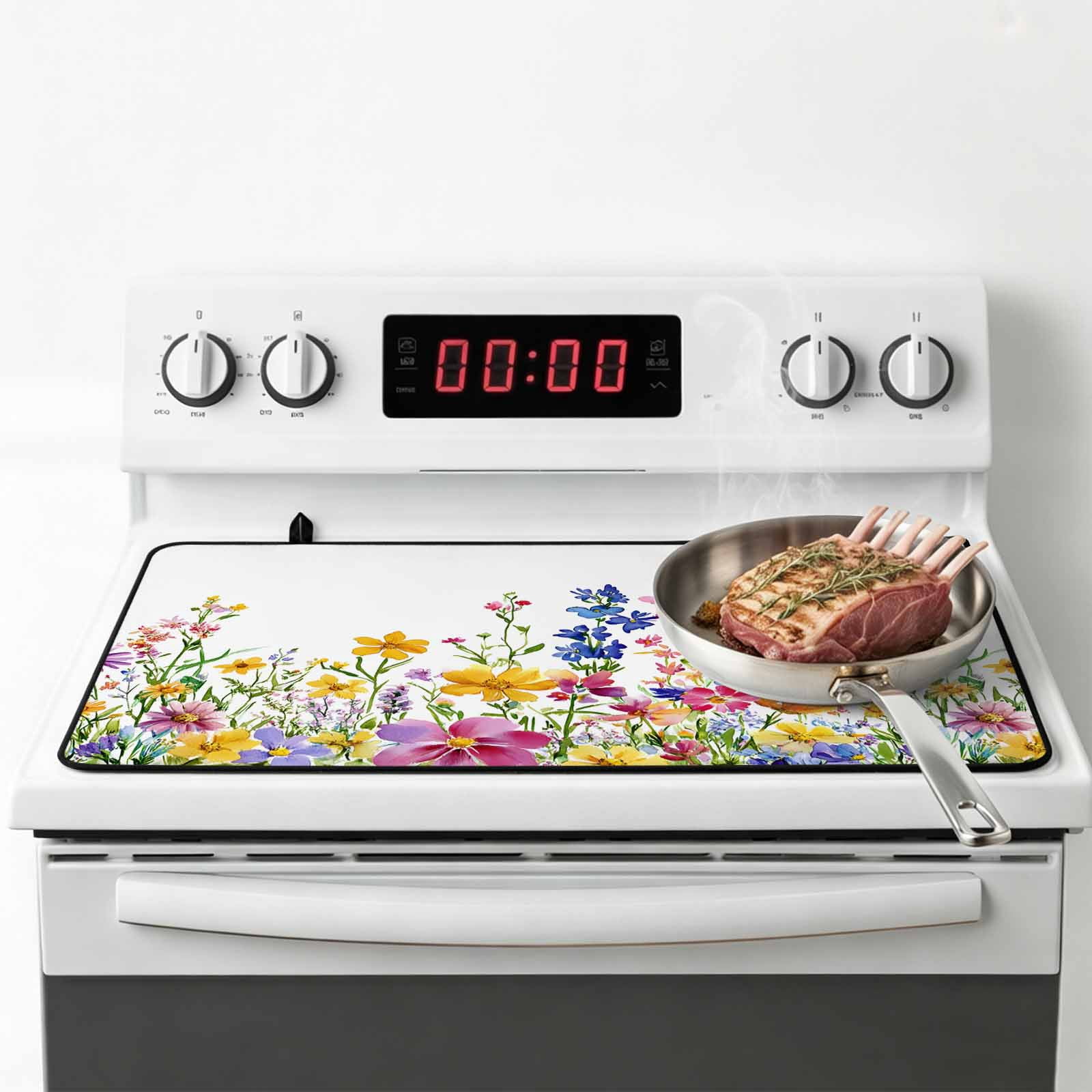 Spring Floral Stove Top Cover for Electric Stove, Heat-proof & Non Slip Glass Top Stove Cover Protector, Summer Watercolor Botanical Colorful Kitchen Flat Cooktop Rubber Mat 24x21 Inches
