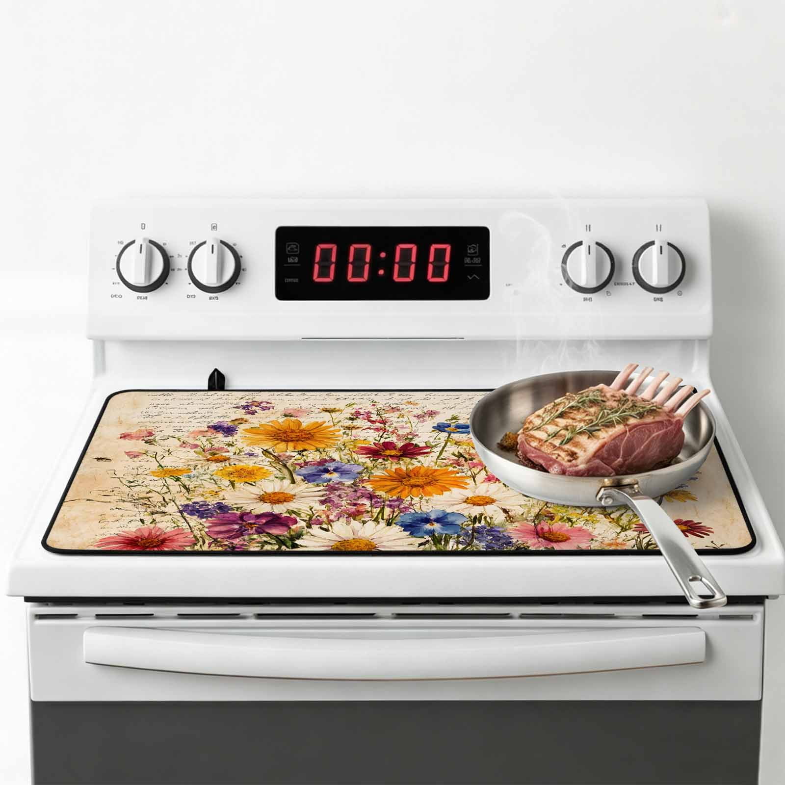 Spring Floral Stove Top Cover for Electric Stove, Heat-proof & Non Slip Glass Top Stove Cover Protector, Vintage Summer Botanical Flowers Kitchen Flat Cooktop Rubber Mat 24x21 Inches