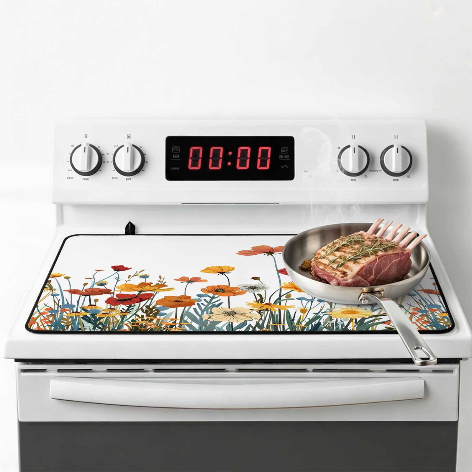 Spring Floral Stove Top Cover for Electric Stove, Heat-proof & Non Slip Glass Top Stove Cover Protector, Watercolor Elegant Botanical Summer Kitchen Flat Cooktop Rubber Mat 24x21 Inches