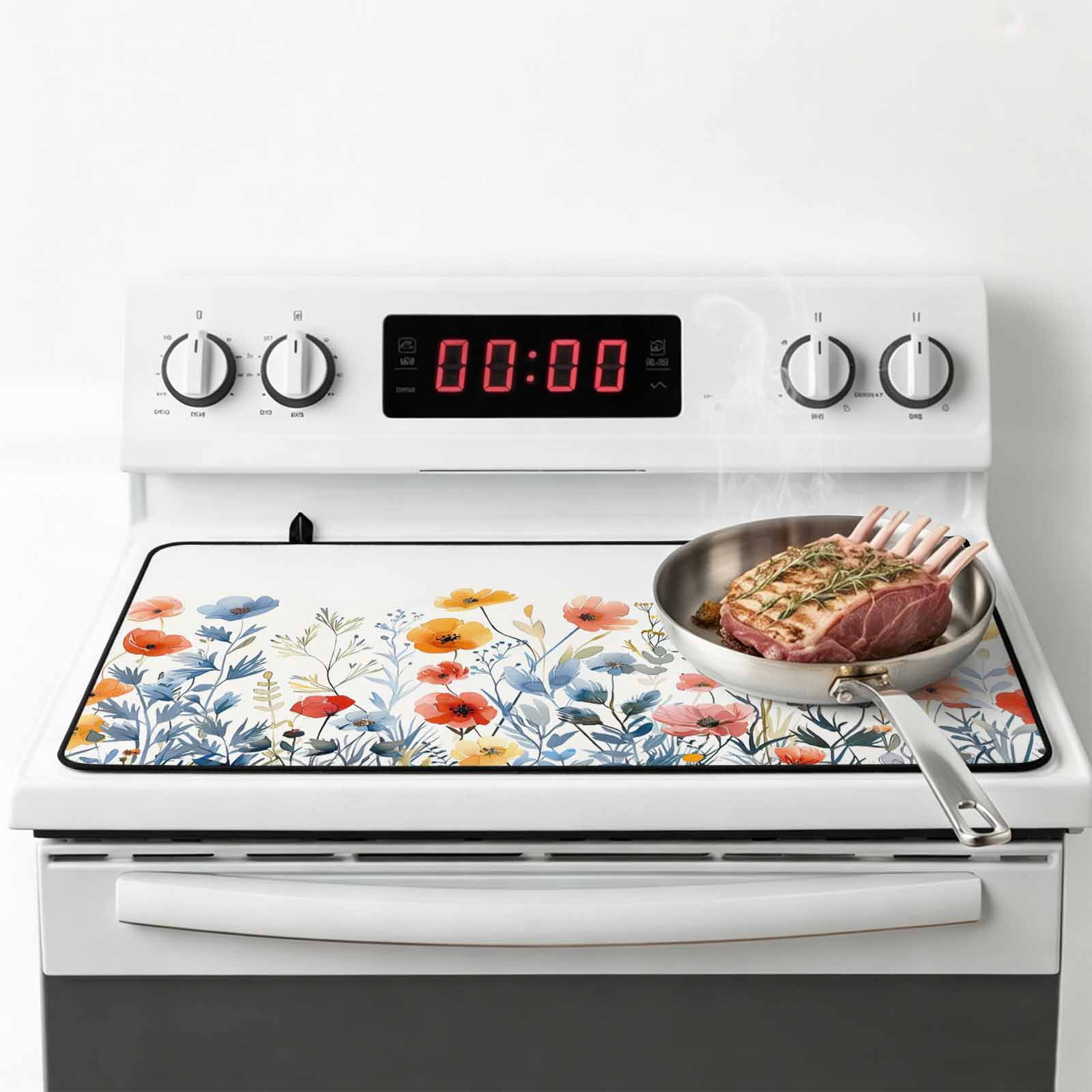 Spring Floral Stove Top Cover for Electric Stove, Heat-proof & Non Slip Glass Top Stove Cover Protector, Watercolor Elegant Summer Botanical Kitchen Flat Cooktop Rubber Mat 24x21 Inches