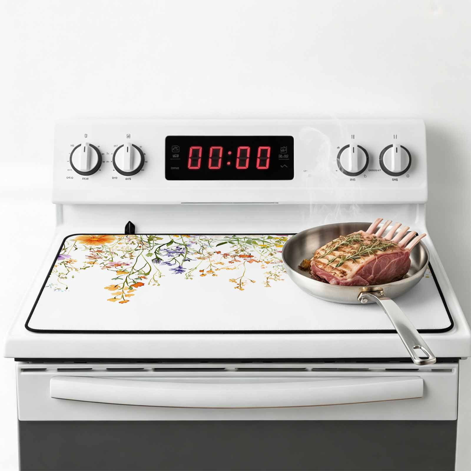 Spring Floral Stove Top Cover for Electric Stove, Heat-proof & Non Slip Glass Top Stove Cover Protector, Watercolor Leaves Wildflower Pastoral Kitchen Flat Cooktop Rubber Mat 24x21 Inches