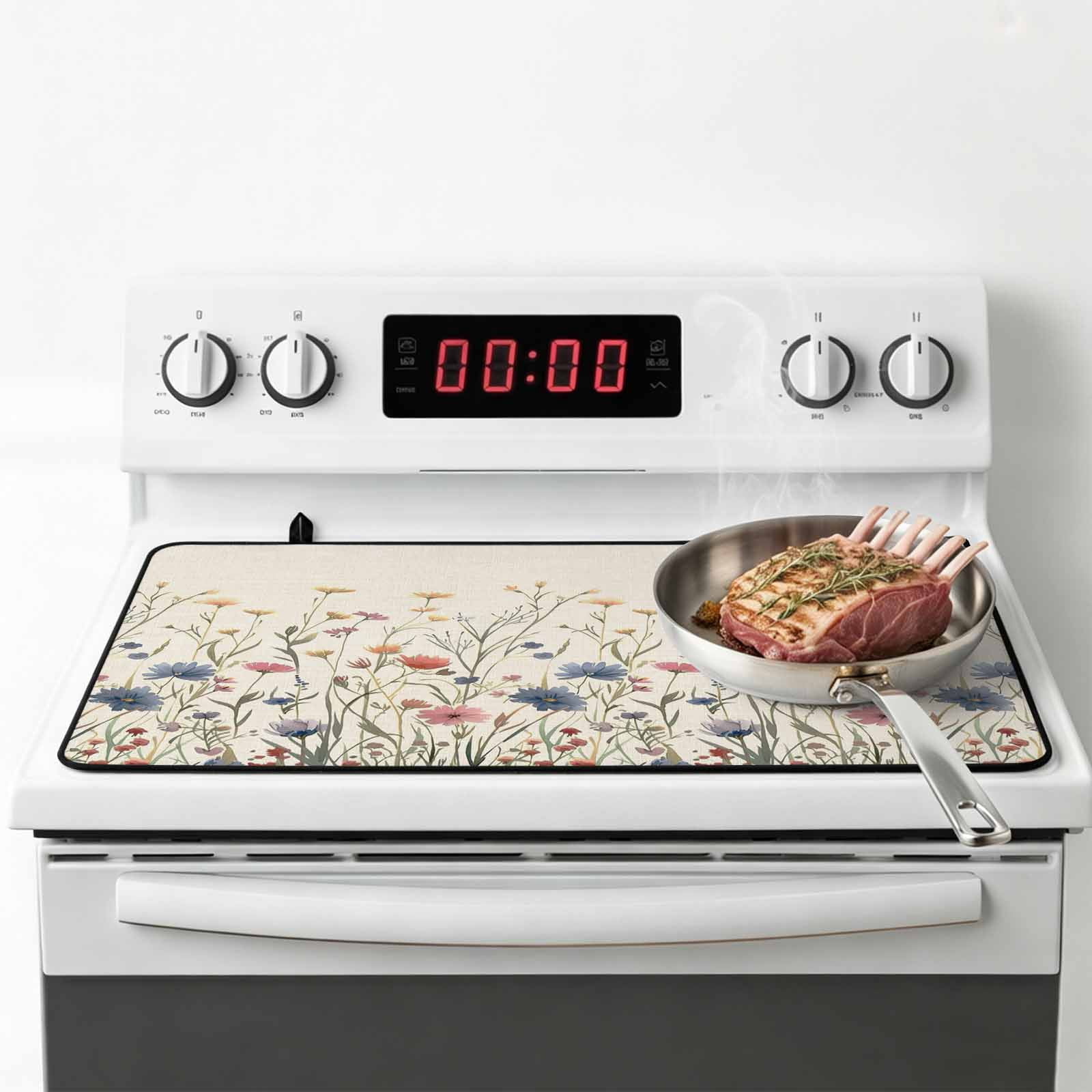 Spring Floral Stove Top Cover for Electric Stove, Heat-proof & Non Slip Glass Top Stove Cover Protector, Watercolor Rustic Summer Botanical Kitchen Flat Cooktop Rubber Mat 24x21 Inches