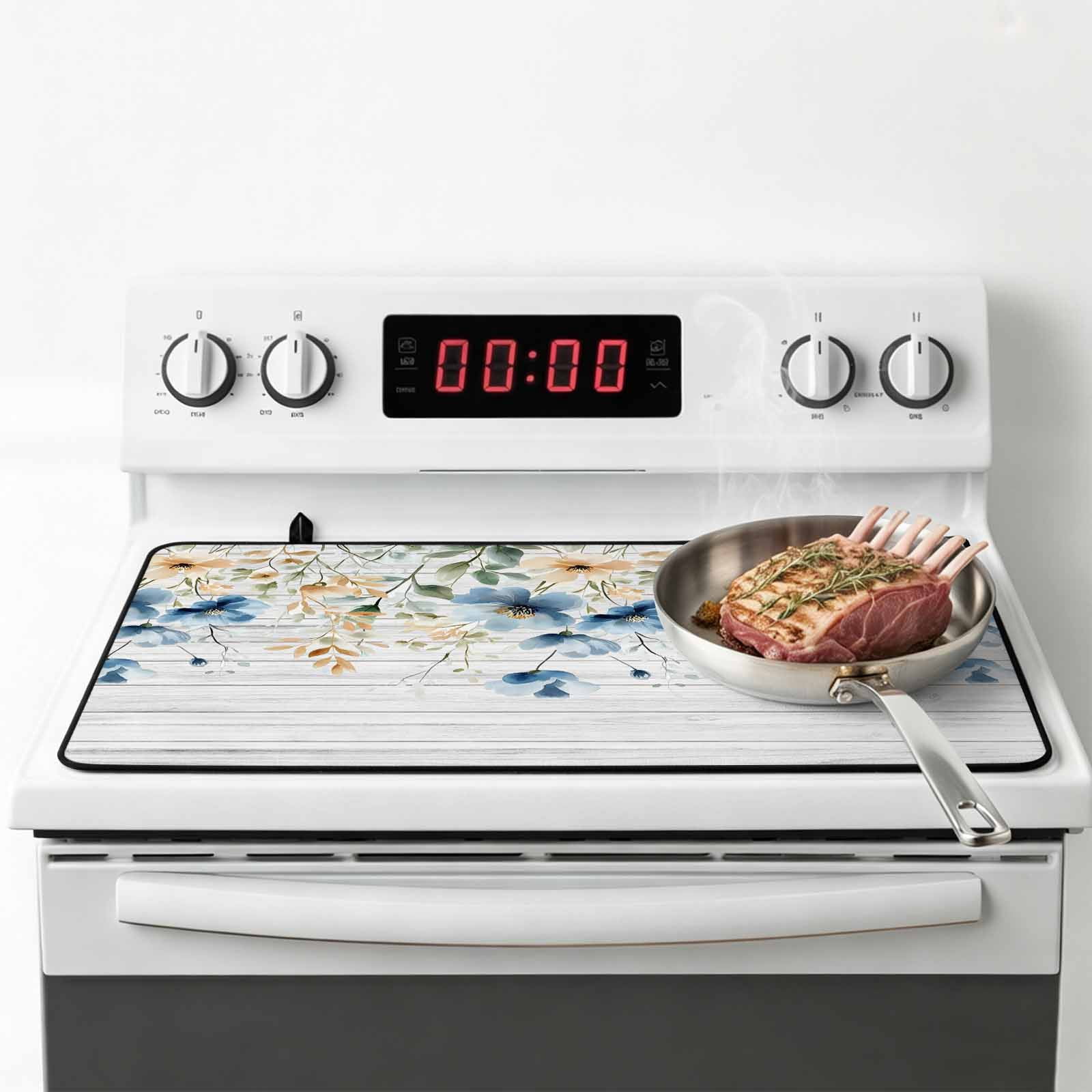 Spring Floral Stove Top Cover for Electric Stove, Heat-proof & Non Slip Glass Top Stove Cover Protector, Weeping Blue Botanical Summer Vintage Kitchen Flat Cooktop Rubber Mat 24x21 Inches
