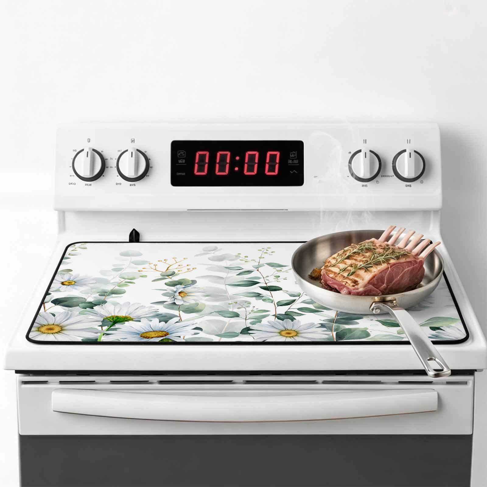 Spring Floral Stove Top Cover for Electric Stove, Heat-proof & Non Slip Glass Top Stove Cover Protector, White Daisy Watercolor Leaves Pastoral Kitchen Flat Cooktop Rubber Mat 24x21 Inches