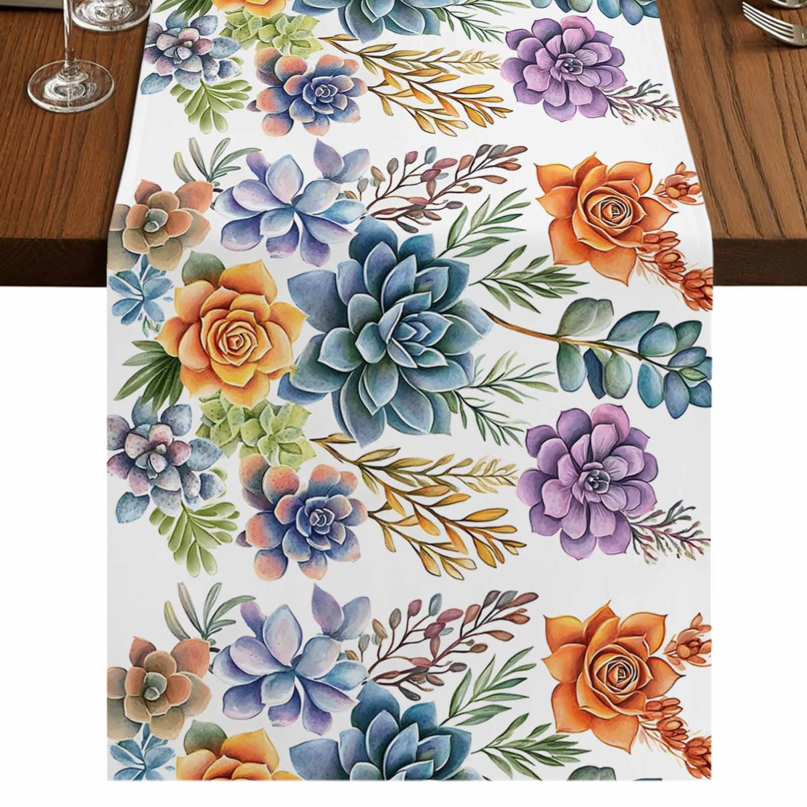 Spring Floral Succulents 36 Inch Table Runner, Watercolor Botanical ...