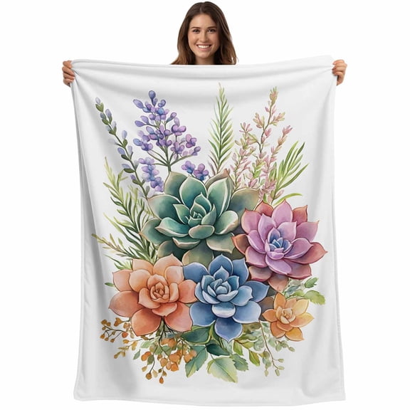 Spring Floral Succulents Blanket Soft Cozy Warm Throw Blanket for Couch, Plush Fuzzy Flannel Fleece Blankets for Sofa, Watercolor Botanical Bed Blankets Lightweight Gifts for Women, 40"x60"