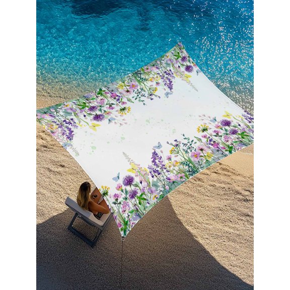 Spring Floral Sun Shade Sail 6.5' x 10', Purple Yellow Flower Butterflies Daisy Plant Rectangle Outdoor Sunshade Canopy, Waterproof UV Block Patio Covers for Garden Yard Beach