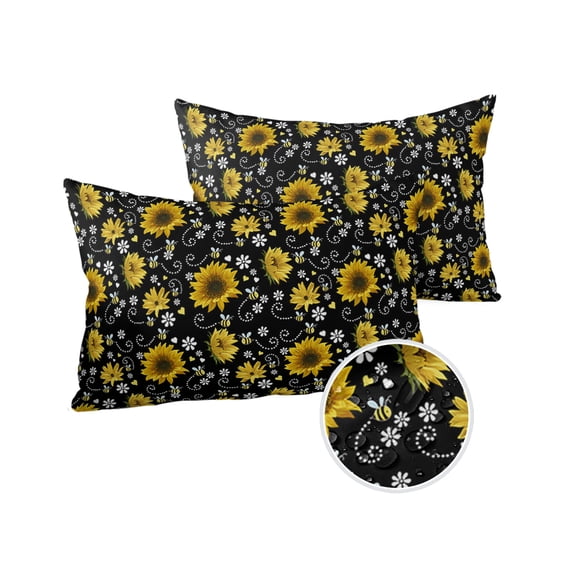 Spring Floral Sunflowers with Bee Outdoor Pillow Covers Set of 2, Decorative Waterproof Throw Pillow Case, Farm Garden Flower Cotton Linen Soft Cozy Cushion Pillowcases