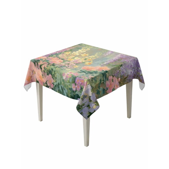 Spring Floral Suqare Tablecloth - 60 x 60 Inch, Forest Leaves Trees Blossom Oil Painting Waterproof & StainResistant Tablecloth, Washable Oil-proof Table Cover for Dining/Party/Wedding/Camping/Buffet