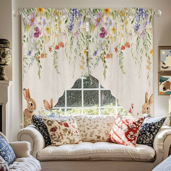 Spring Floral Swag Curtain Valance for Windows, Easter Bunny Rabbits Wildflowers Leaves Linen Window Treatments Short Swag Topper for Kitchen Windows Bathroom Bedroom, 36"x45"