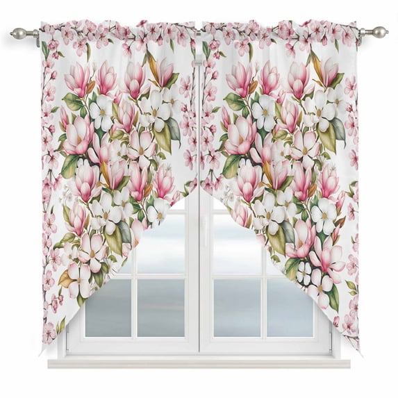 Spring Floral Swag Curtains for Kitchen/Bedroom/Living Room, Retro Pink Orchid Flowers Leaves Botanical Scalloped Curtains 63 Inch Long, Window Swag Topper Curtains Valances 2 Panels Set 36"x63"