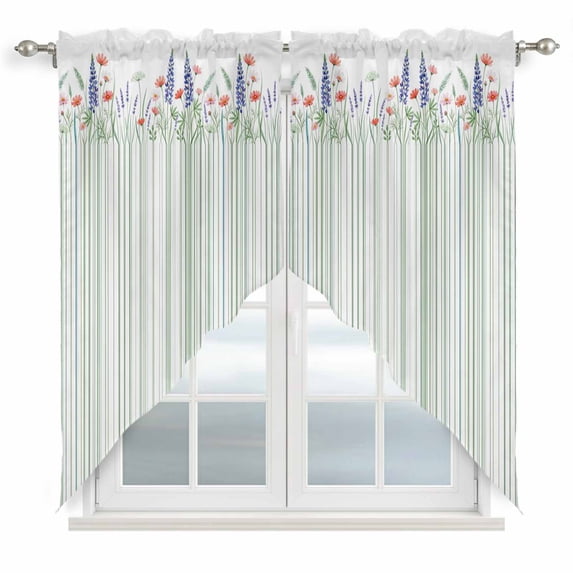 Spring Floral Swag Curtains for Kitchen/Bedroom/Living Room, Watercolor Flowers Green Lines Minimalist Scalloped Curtains 63 Inch Long, Window Swag Topper Curtains Valances 2 Panels Set 36"x63"