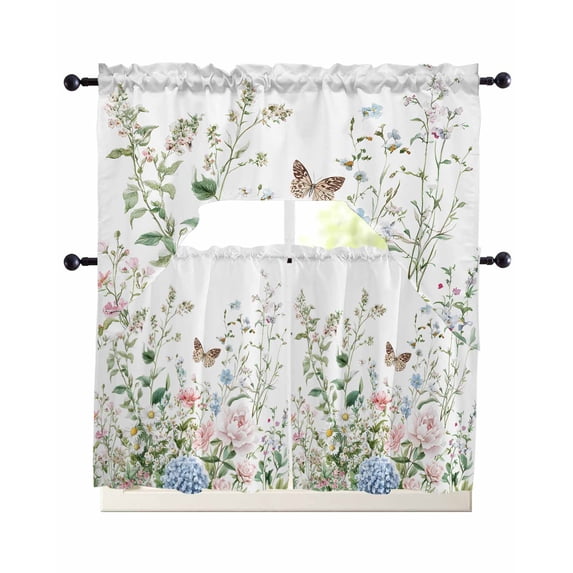Spring Floral Swag Curtains for Living Room/Bedroom Windows, Pastoral Flower Summer Botanical Watercolor Kitchen Curtains and Valances Set 36 Inch Length, Light Filtering Swags Valance Curtain Panels