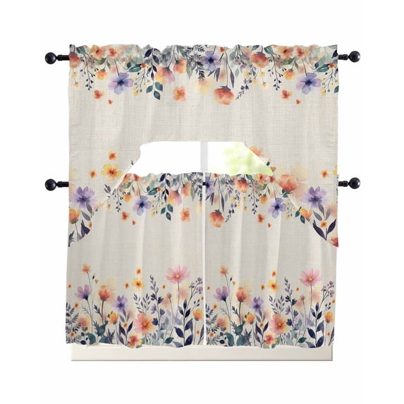 Spring Floral Swag Kitchen Curtains Sets for Windows 24 Inch Length, Elegant Flowers Farmhouse Botanical Rustic Short Window Curtain Panels Swags Valances and Tiers 3 Piece Set for Cafe/Dining Room