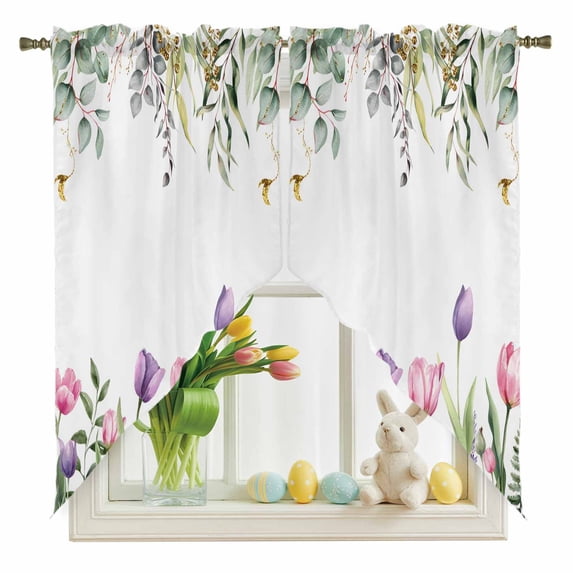Spring Floral Swag Valance Curtains Watercolor Spring Pink Purple Tulip Teal Eucalyptus Leaf Rod Pocket Swag Curtains Small Window Treatments for Kitchen Bathroom Bedroom 36" W x 45" L, 2 Panels